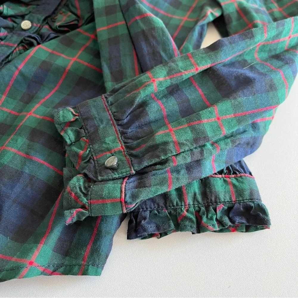 Ralph Lauren green red tartan plaid button front ruffle blouse girls 6 holiday